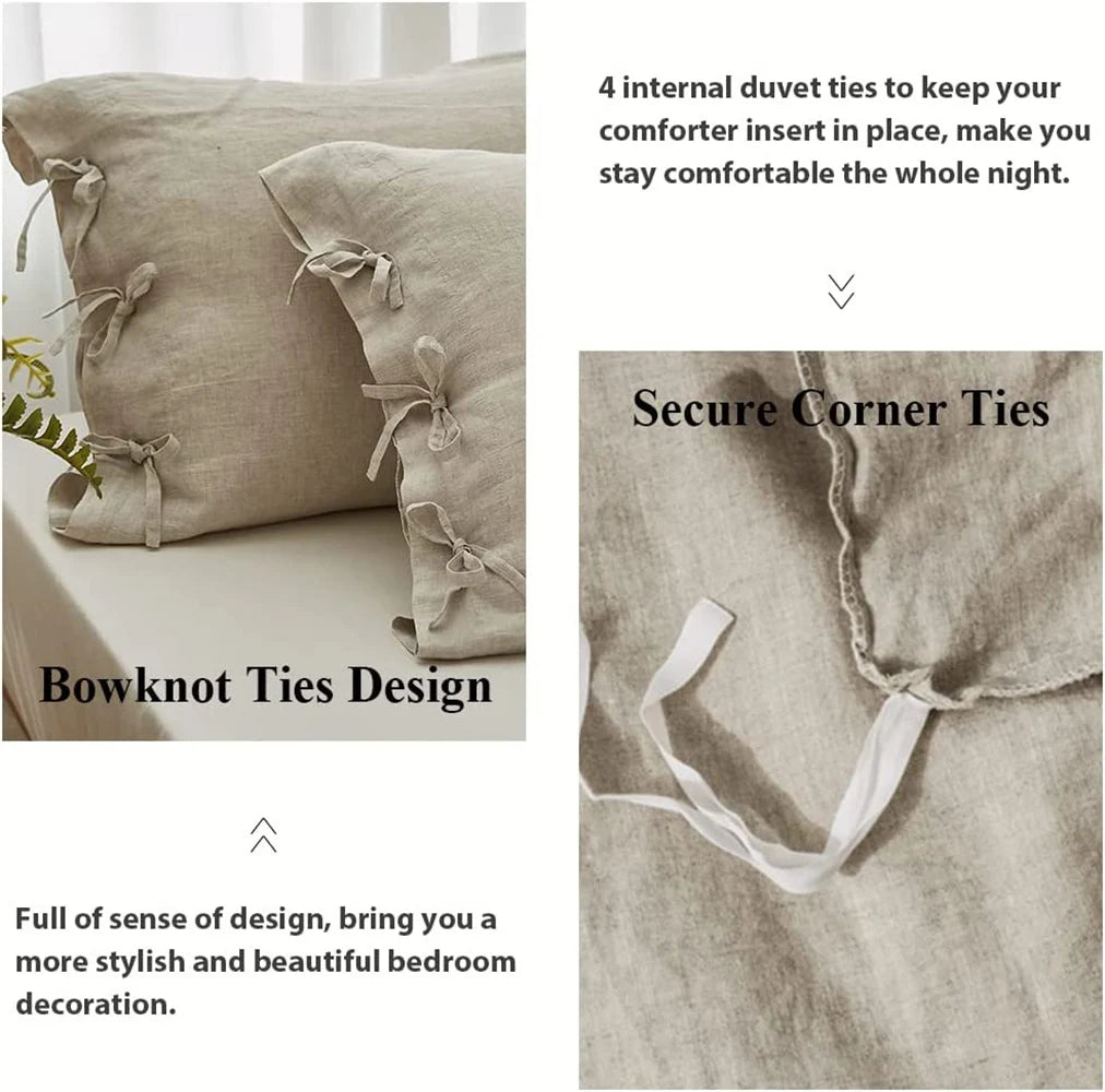 3 Pcs Bedding Set, 100% Linen with Bowknot Ties – French Queen/King