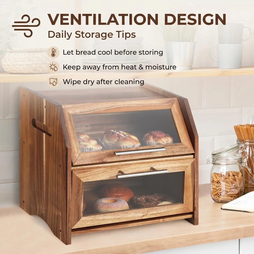Acacia Wood Double-Layer Bread Box with Clear Acrylic Doors