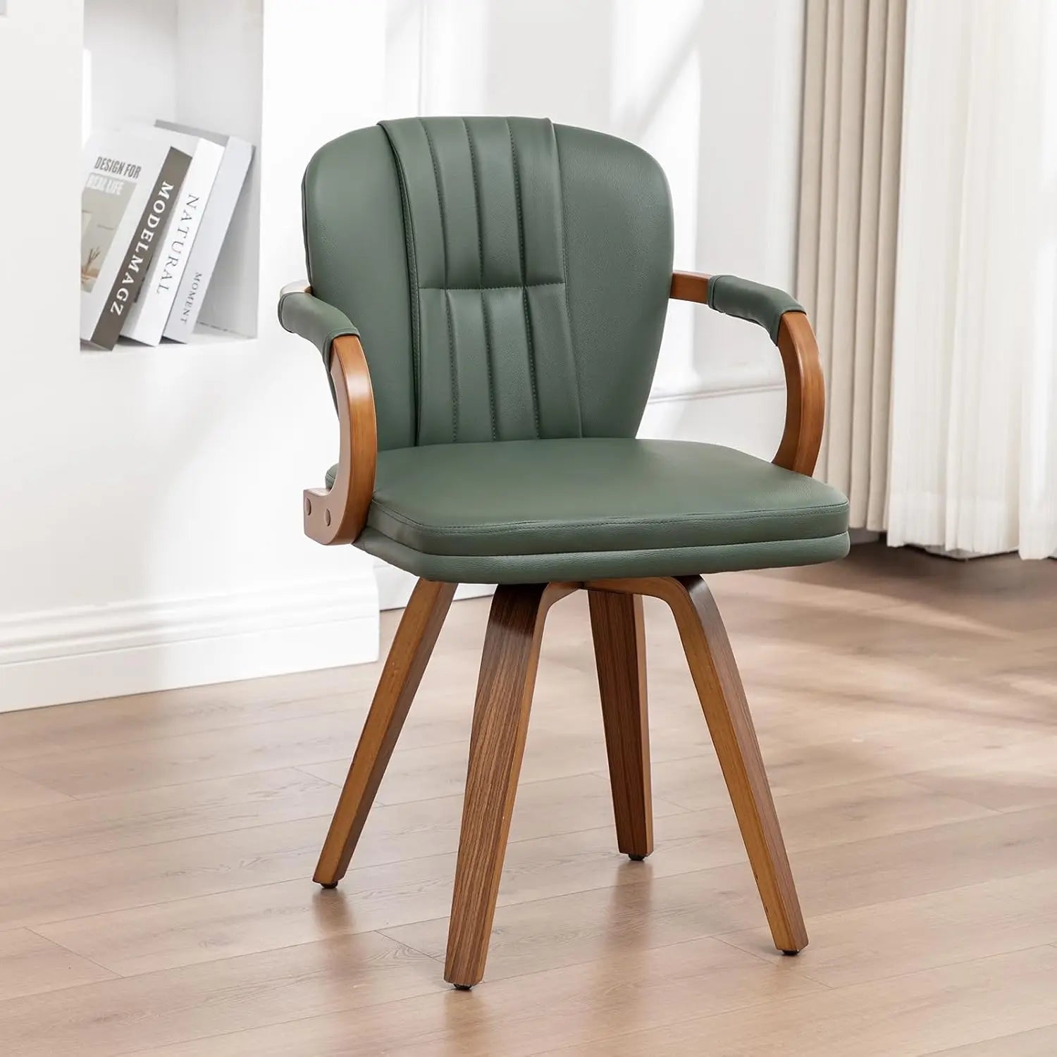 Swivel Dining Chairs Set of 2 – Mid-Century Modern Green Leather Upholstered