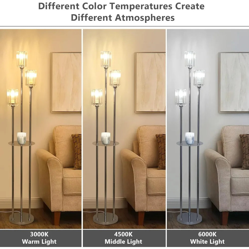 Modern Floor Lamp with Shelves – 3-Light Crystal Shade Standing Lamp, Silver