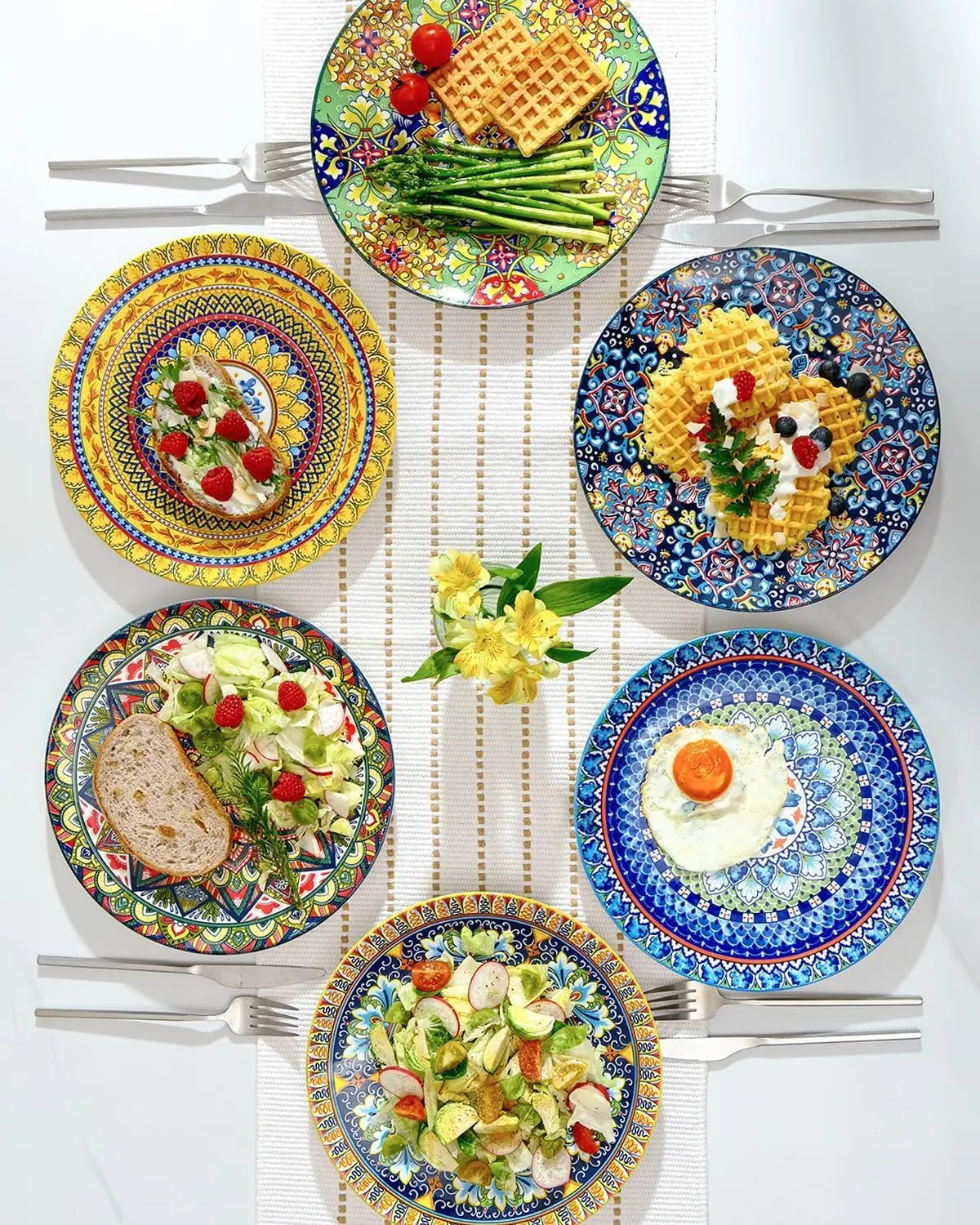 Dinner Plates Set of 6 – 10.5 Inch Ceramic Plates, Colorful Bohemian Style