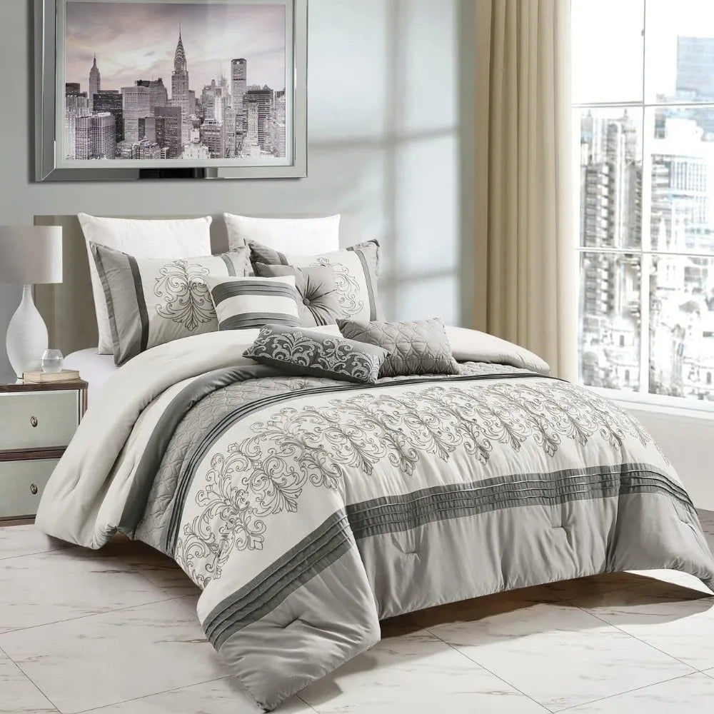 Luxury 7-Piece Full/Queen Comforter Set – Modern Damask Embroidered Grey Elegance