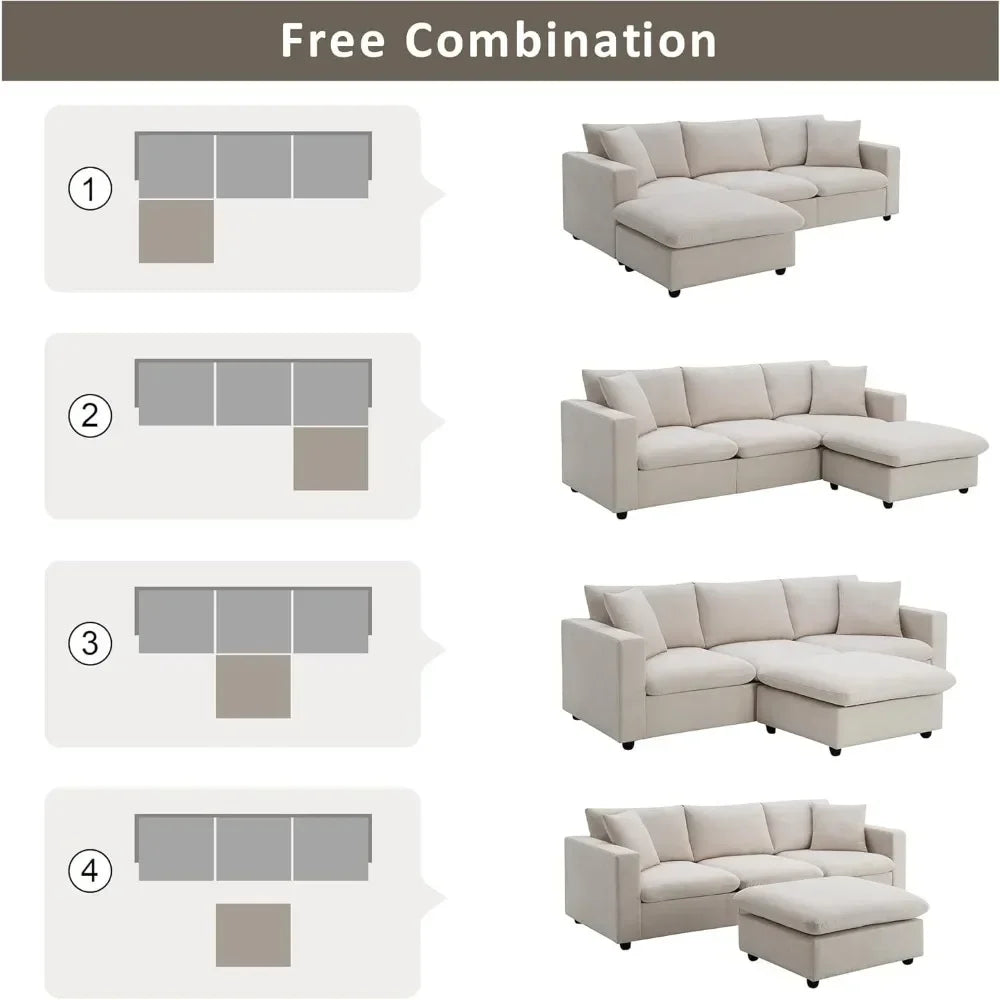 L Shaped 4 Seater Comfy Sofa with Convertible Ottoman, Polyester Fabric