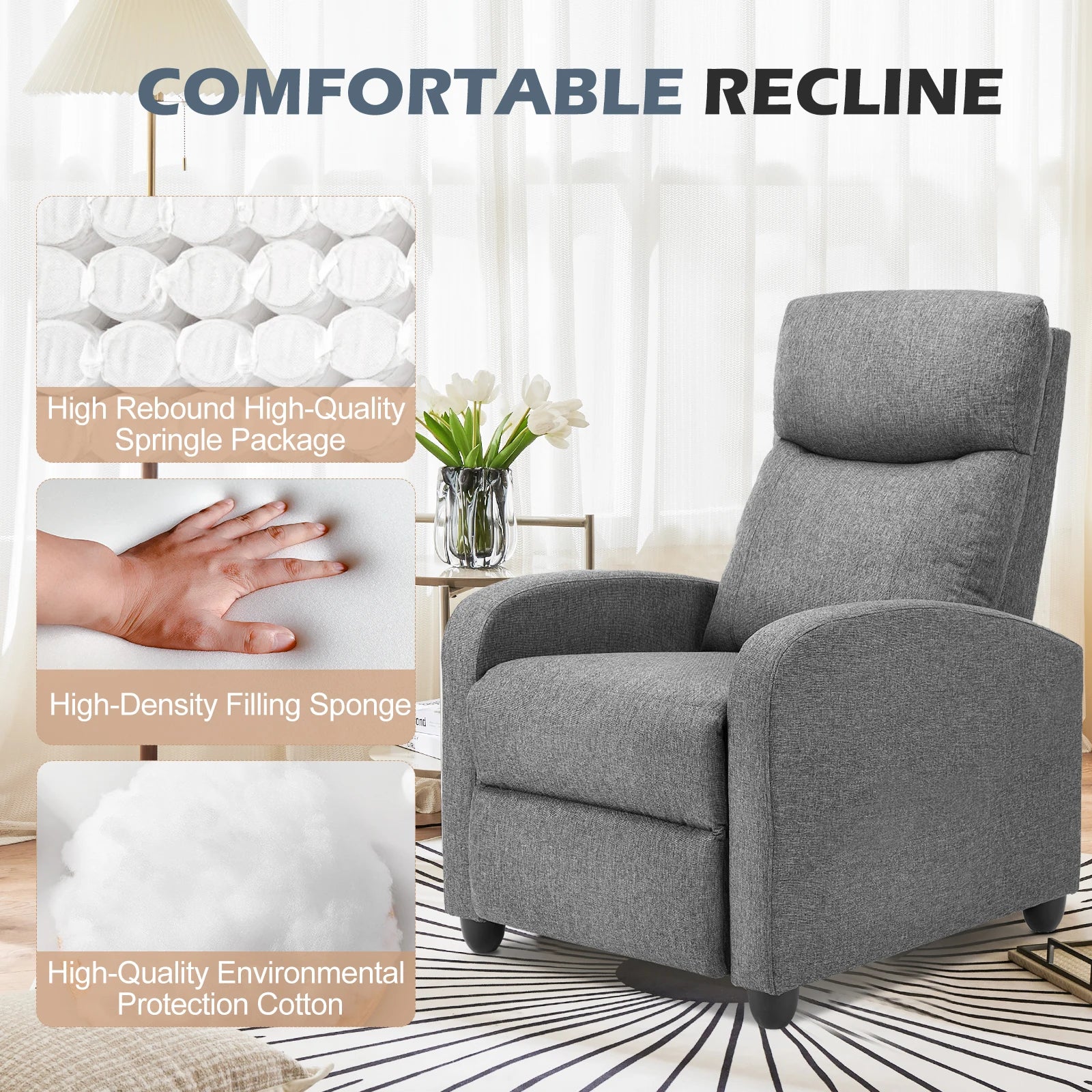 Recliner Massage Chair, Sofa Fabric, Adjustable Padded Seat Backrest, Lumbar Support