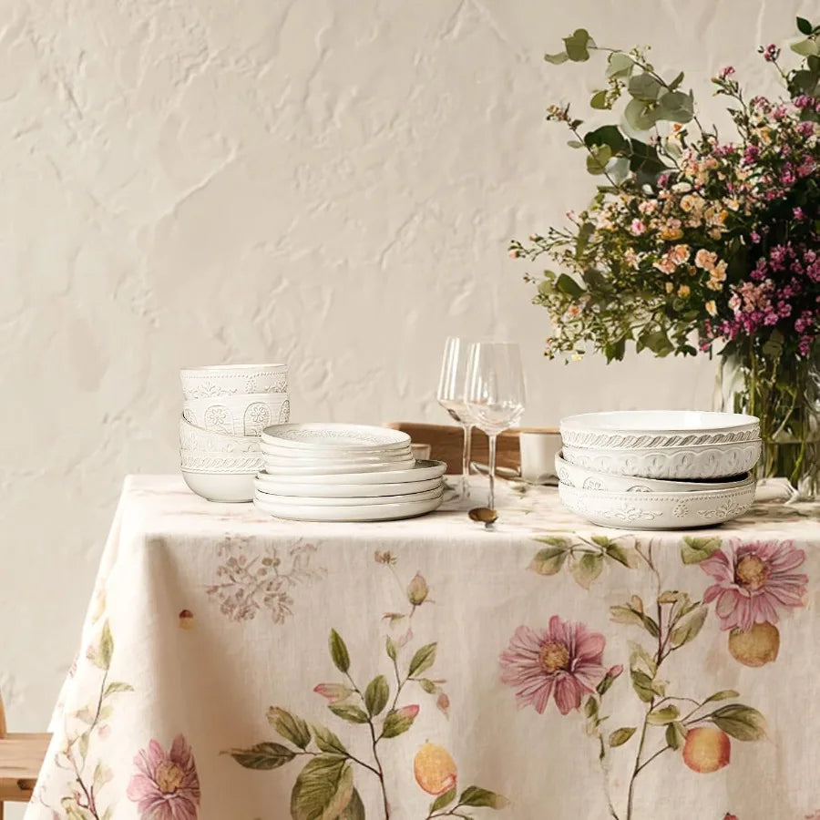 16-Piece Embossed White Ceramic Dinnerware Set – Service for 4