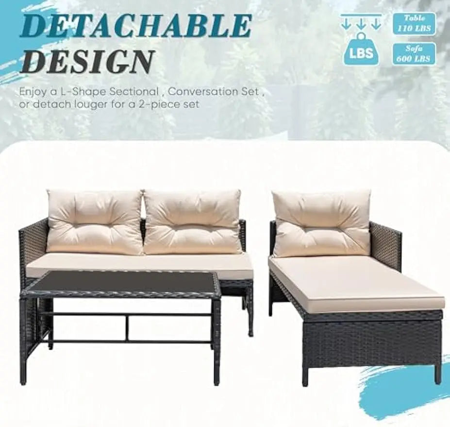 3-Piece Patio Furniture Set – Wicker Rattan Sectional Sofa with Cushions & Coffee Table, Light Beige