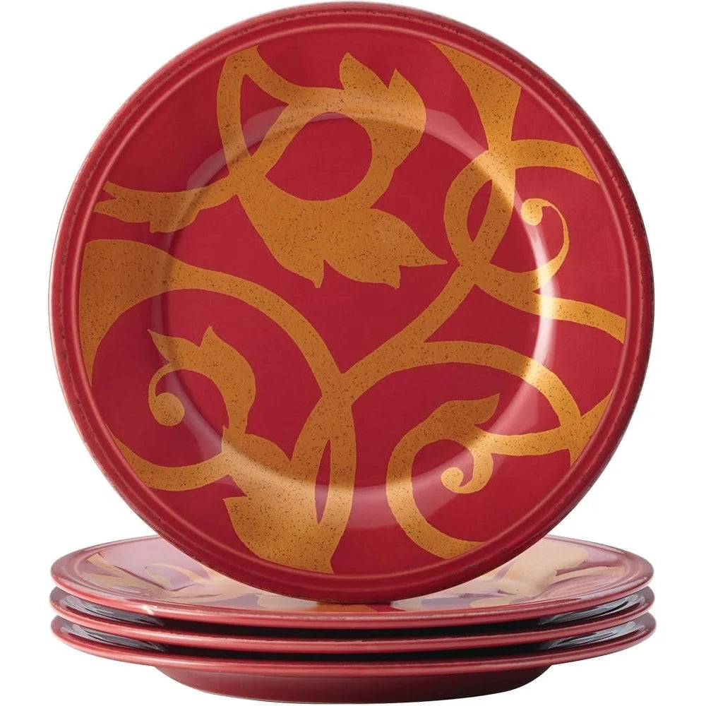 Gold Scroll 4-Piece Round Appetizer Plate Set – Elegant & Durable Stoneware