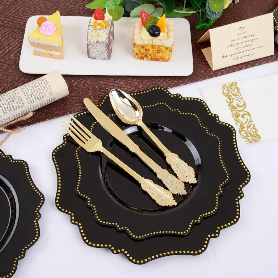 175-Piece Black Dinnerware Set with Disposable Silverware for 25 Guests