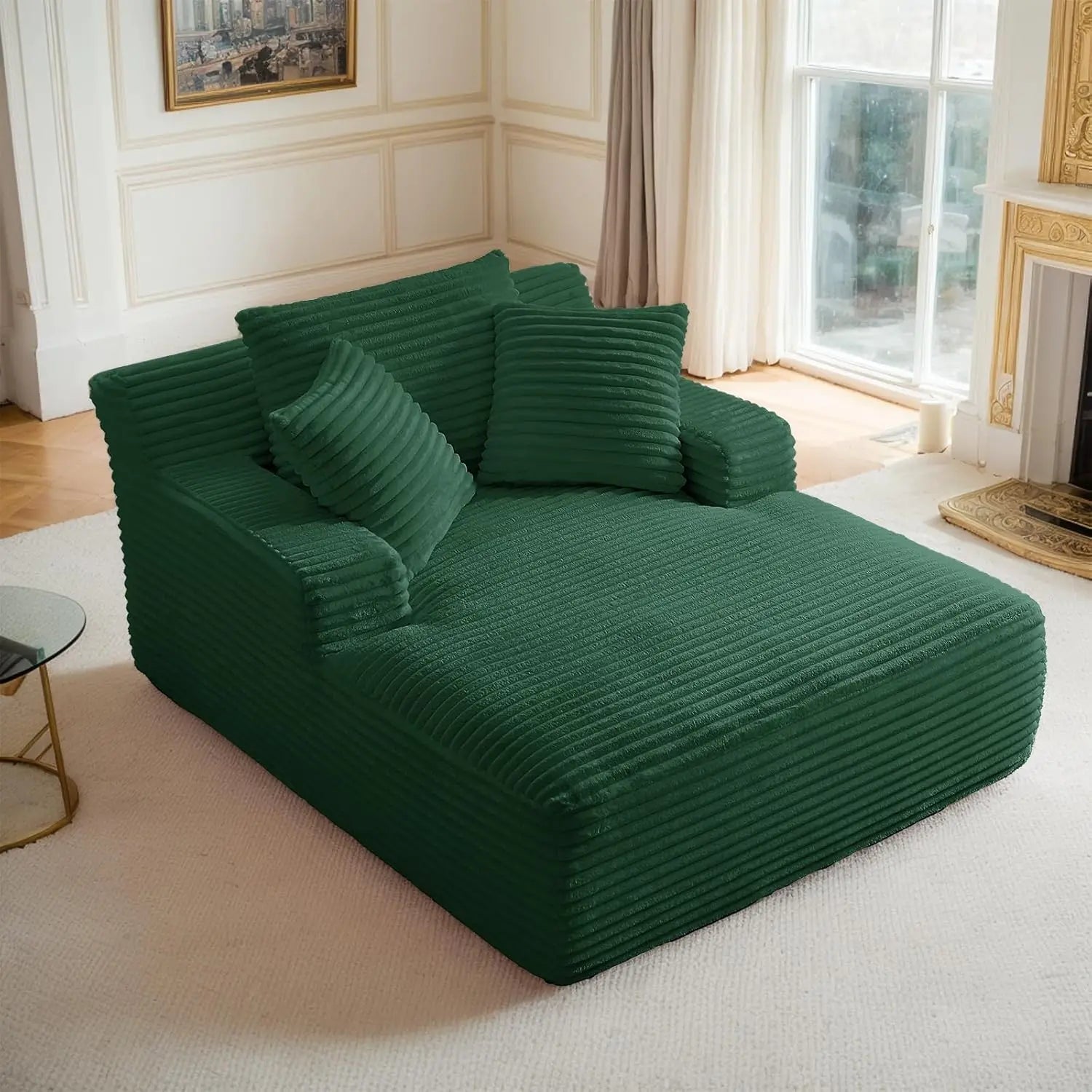 Oversized Corduroy Chaise Lounge Chair with Sofa Bed & Throw Pillows