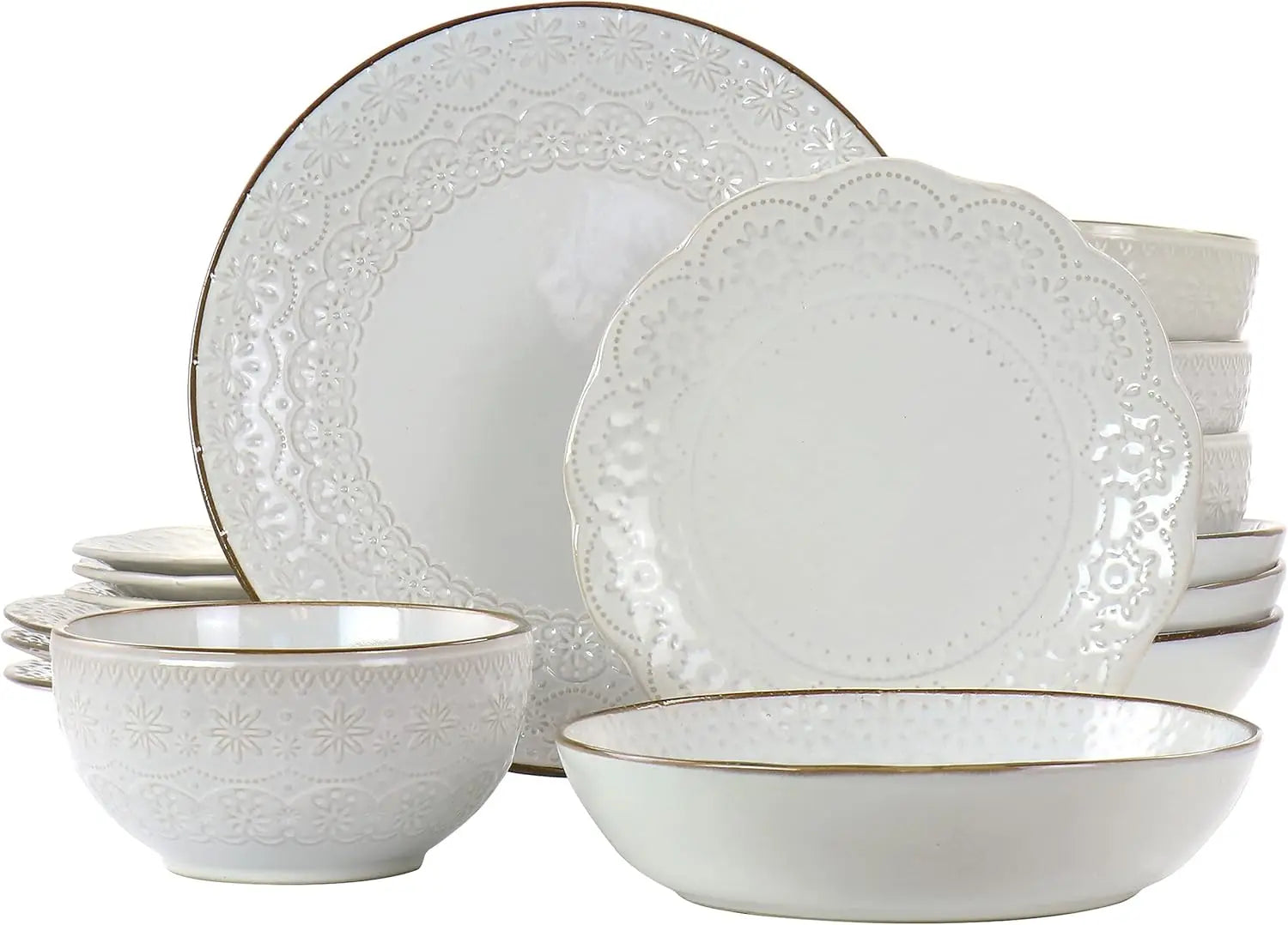 Countess 16-Piece Embossed Double Bowl Stoneware Dinnerware Set in Ivory