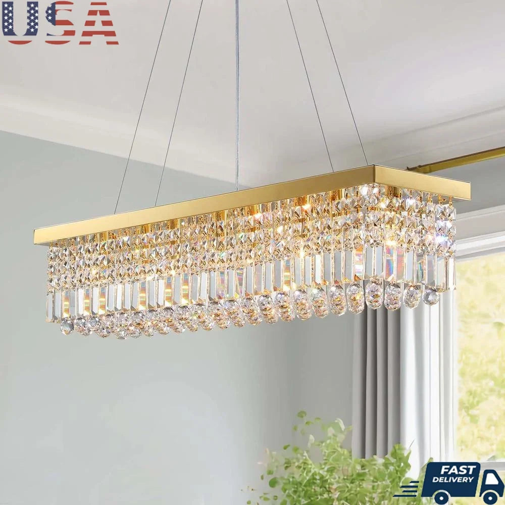Modern Rectangular Crystal Chandelier – Gold Pendant Light Fixture with 8 Lights & Adjustable Chain