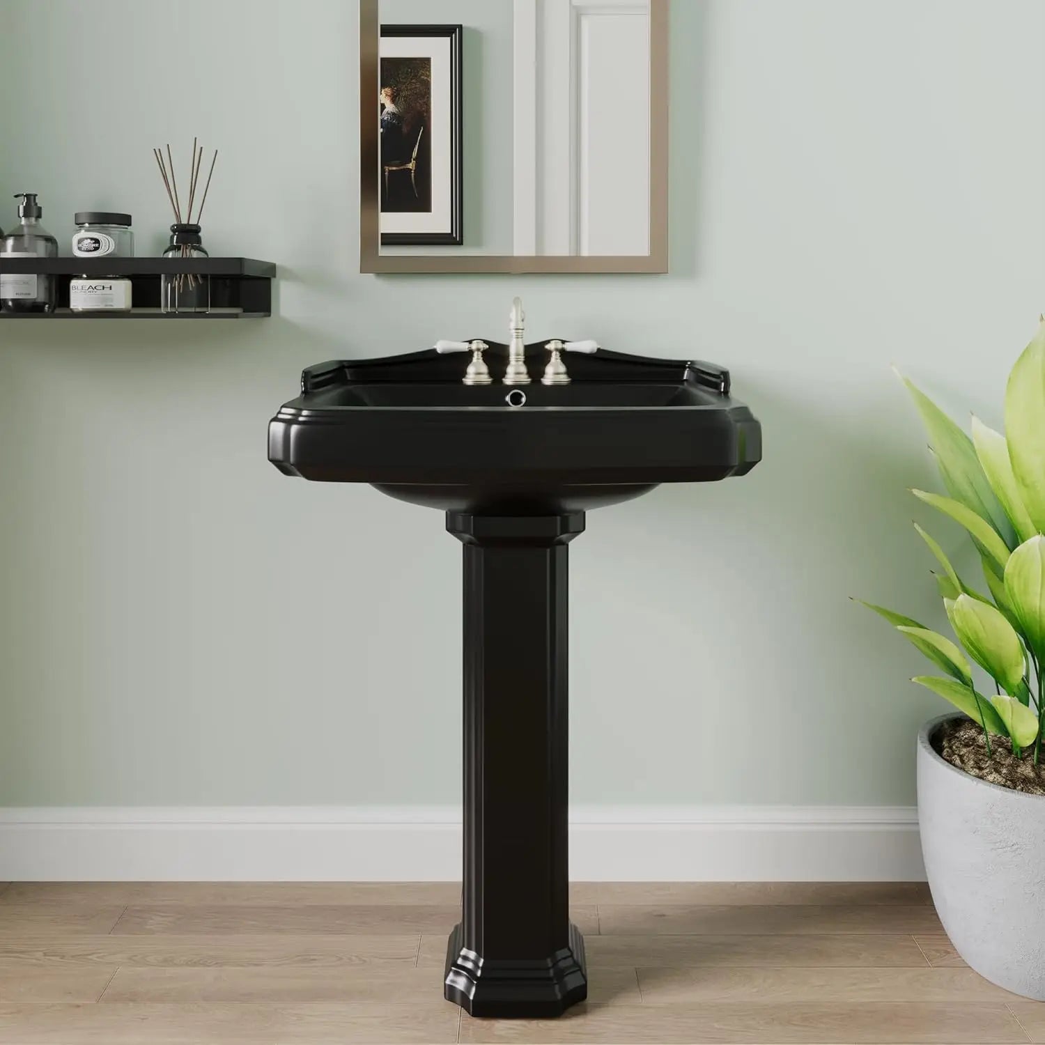 23" x 19" Black Ceramic Pedestal Sink Combo with Overflow Hole & 3 Faucet Holes