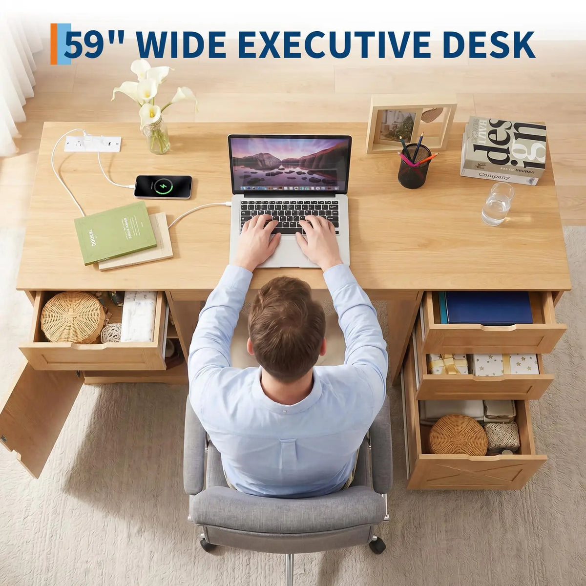 Farmhouse Office Desk with Charging Station