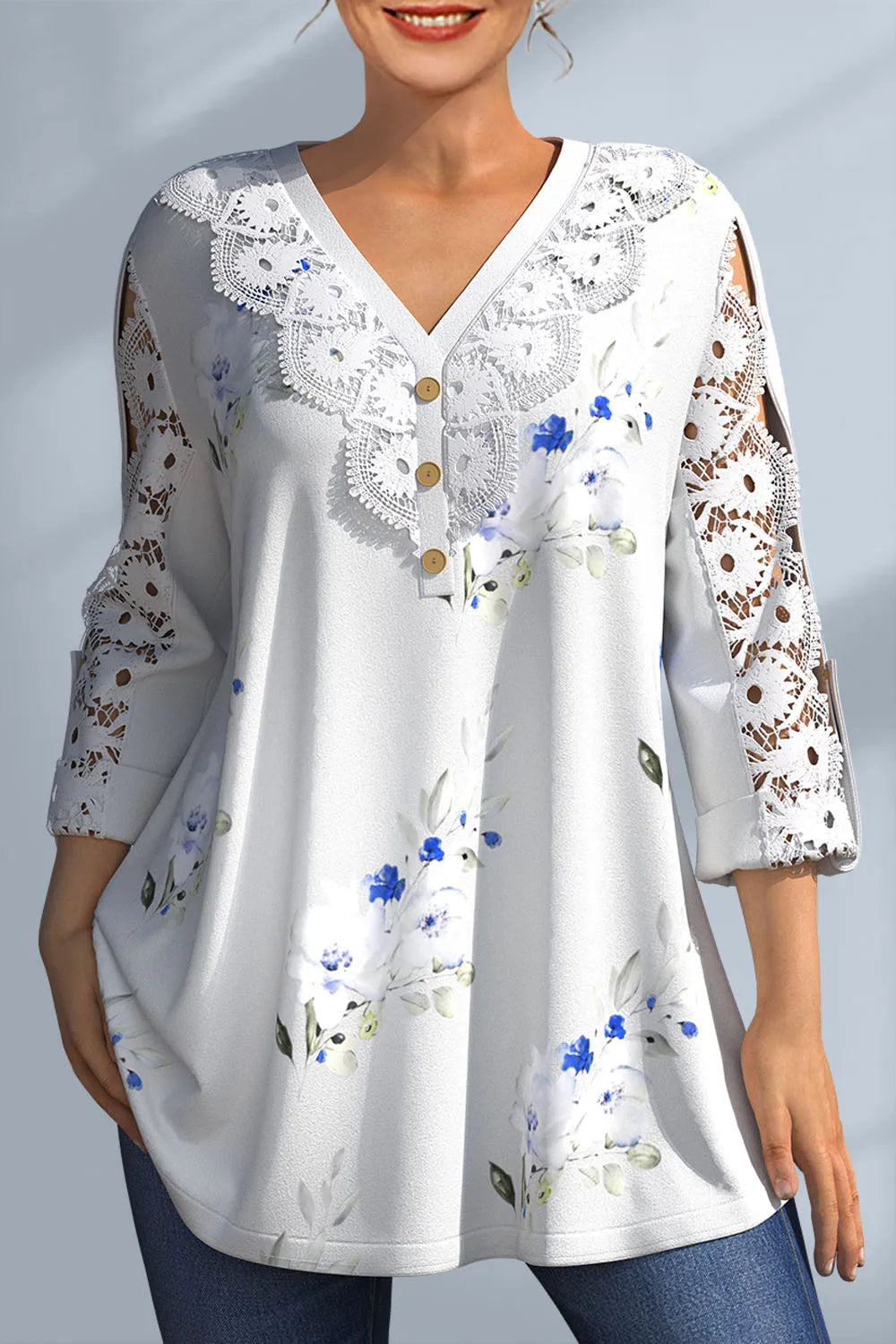 Plus Size Lace Patchwork V-Neck Floral Print Blouse