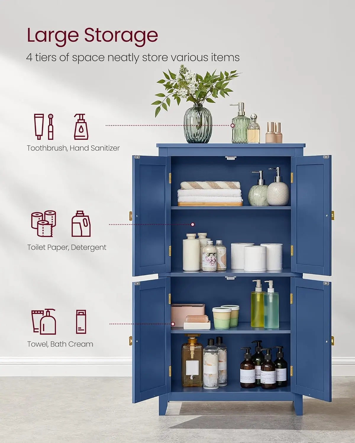 Bathroom Storage Cabinet with 4 Doors, Adjustable Shelves, 11.8 x 23.6 x 43.3