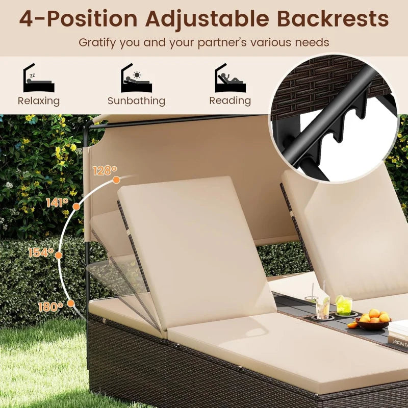 2-Person Outdoor Rattan Lounger with Canopy