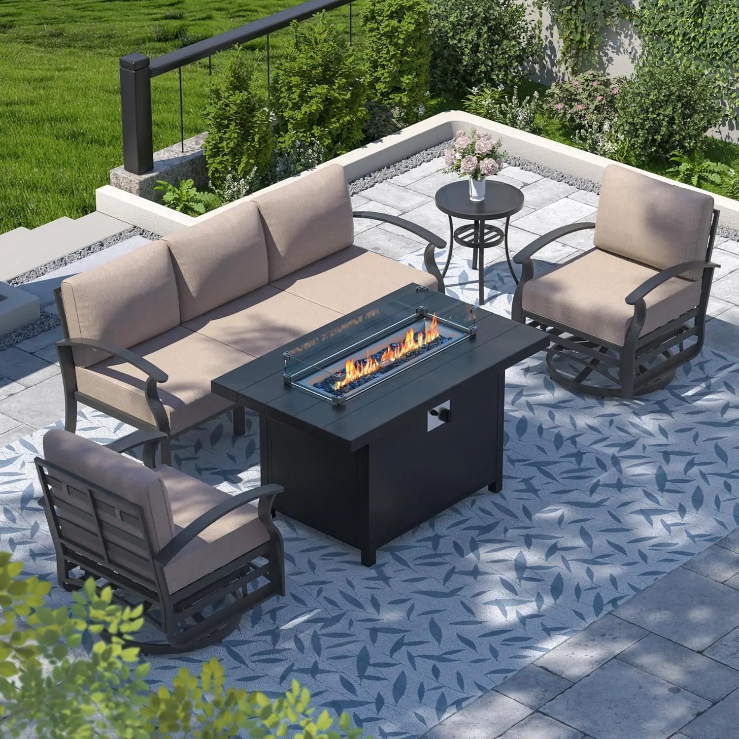 Aluminum Patio Set with Sectional Sofa, Fire Pit Table & Swivel Chairs