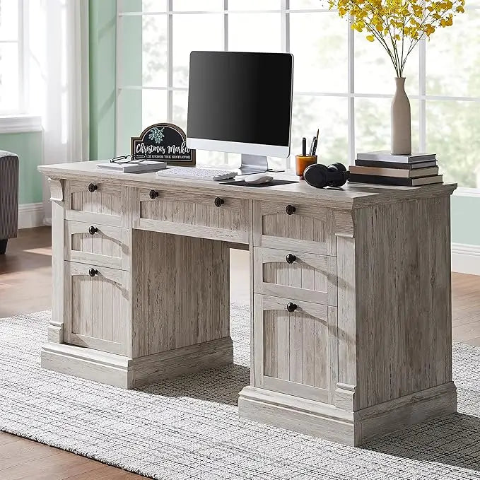 60" L Shaped Executive Desk with Hutch, Drawers & Charging Station