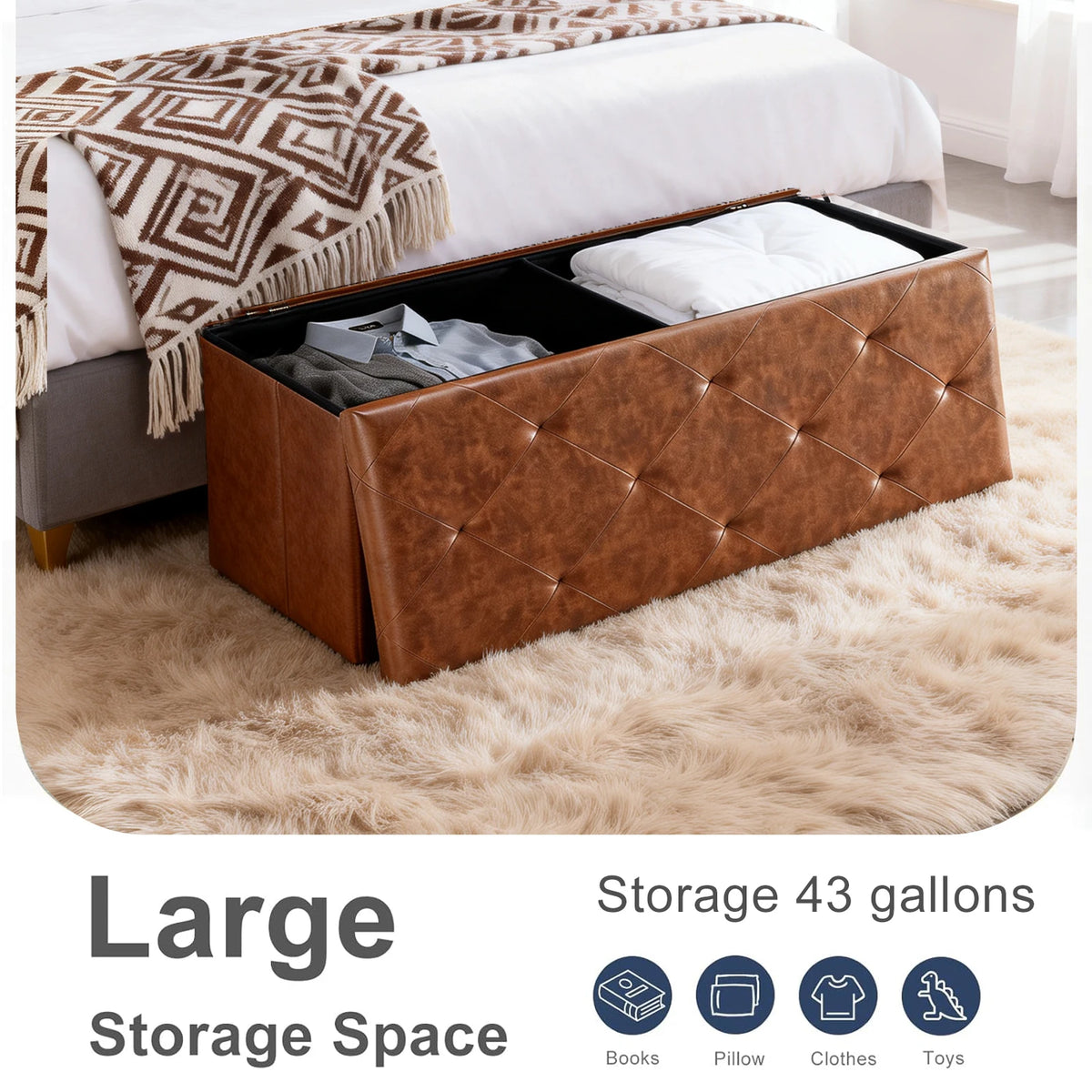 Tufted Faux Leather Storage Bench & Folding Ottoman