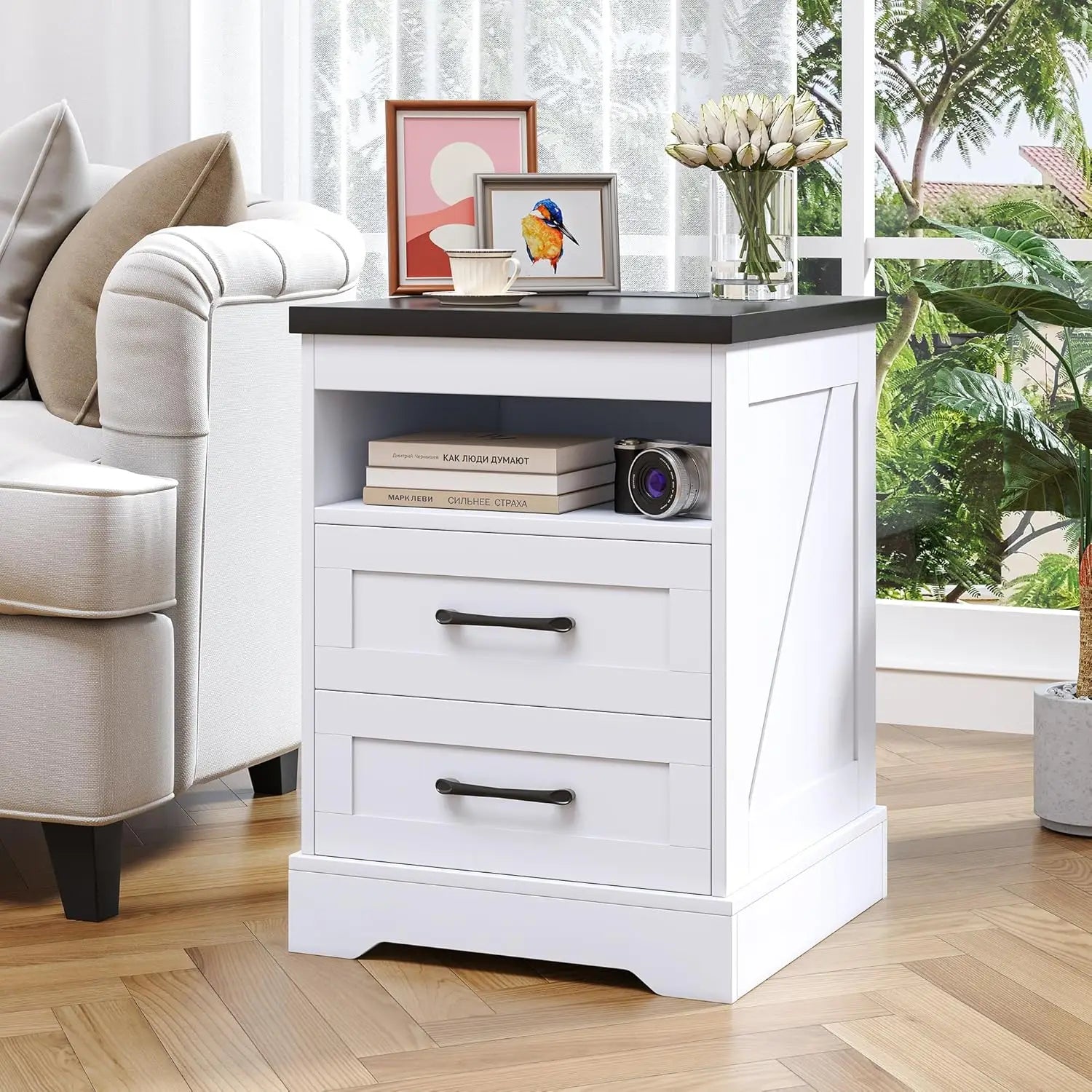 18'' Farmhouse Nightstand with LED Lights, Power Outlets & USB Ports