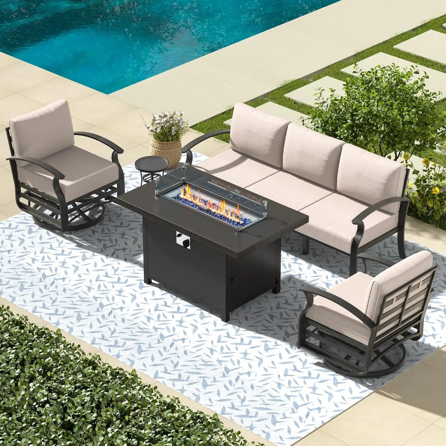 Aluminum Patio Set with Sectional Sofa, Fire Pit Table & Swivel Chairs