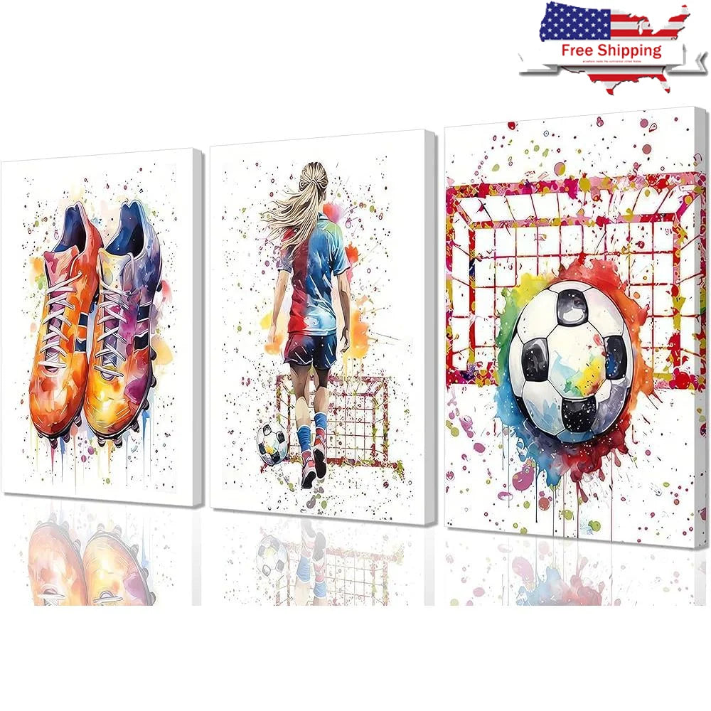 3 Pcs Girl Soccer Graffiti Canvas Wall Art – Colorful Sneakers, Inspirational Paintings