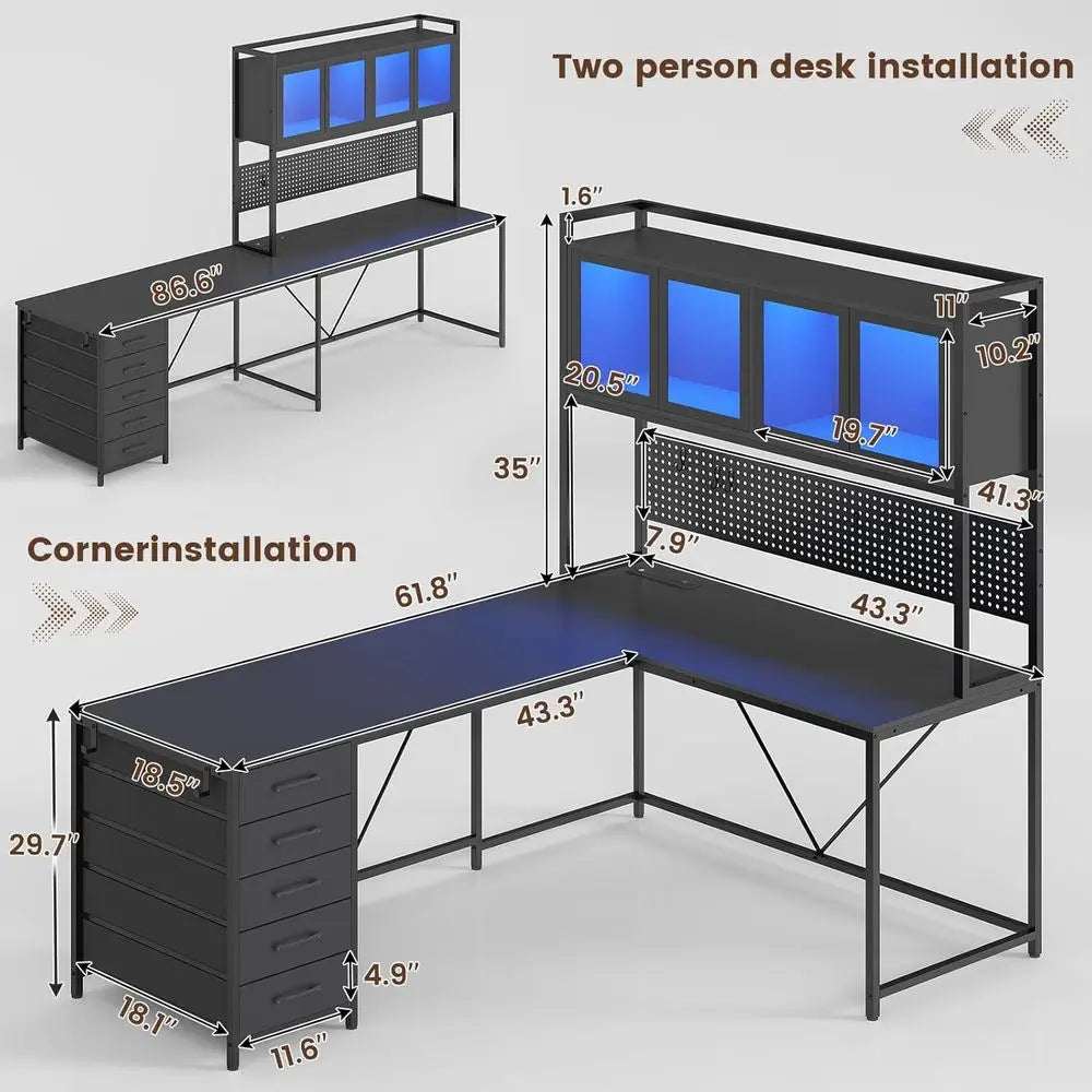 L-Shaped Gaming Desk with Hutch, Storage Shelves, Pegboard & LED Lights