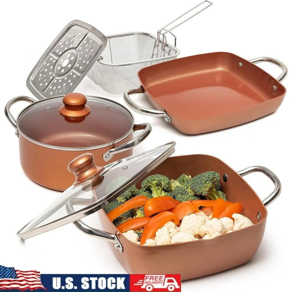 7 Pcs Copper Nonstick Cookware Set, Induction Compatible