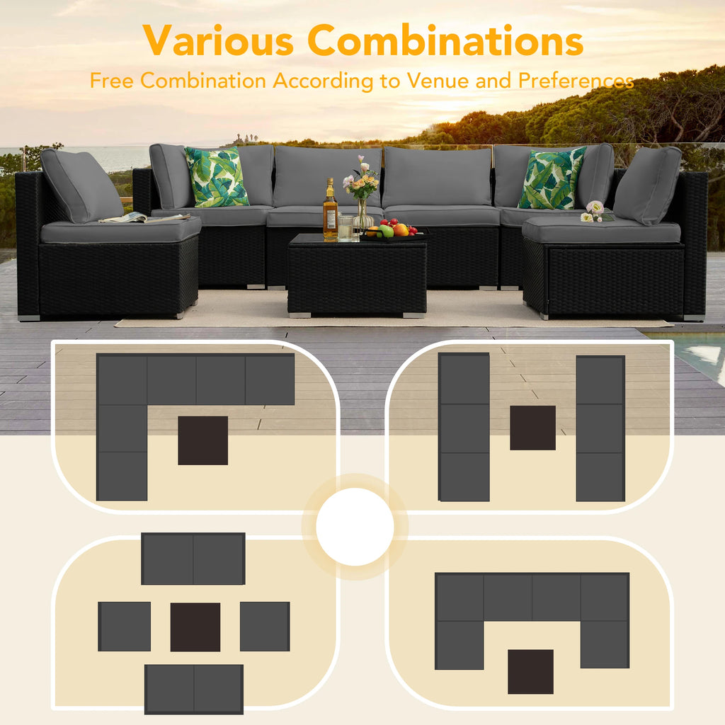 Outdoor Patio Furniture, 8 Piece Sectional Sofa with Thick Cushions, PE Rattan Wicker
