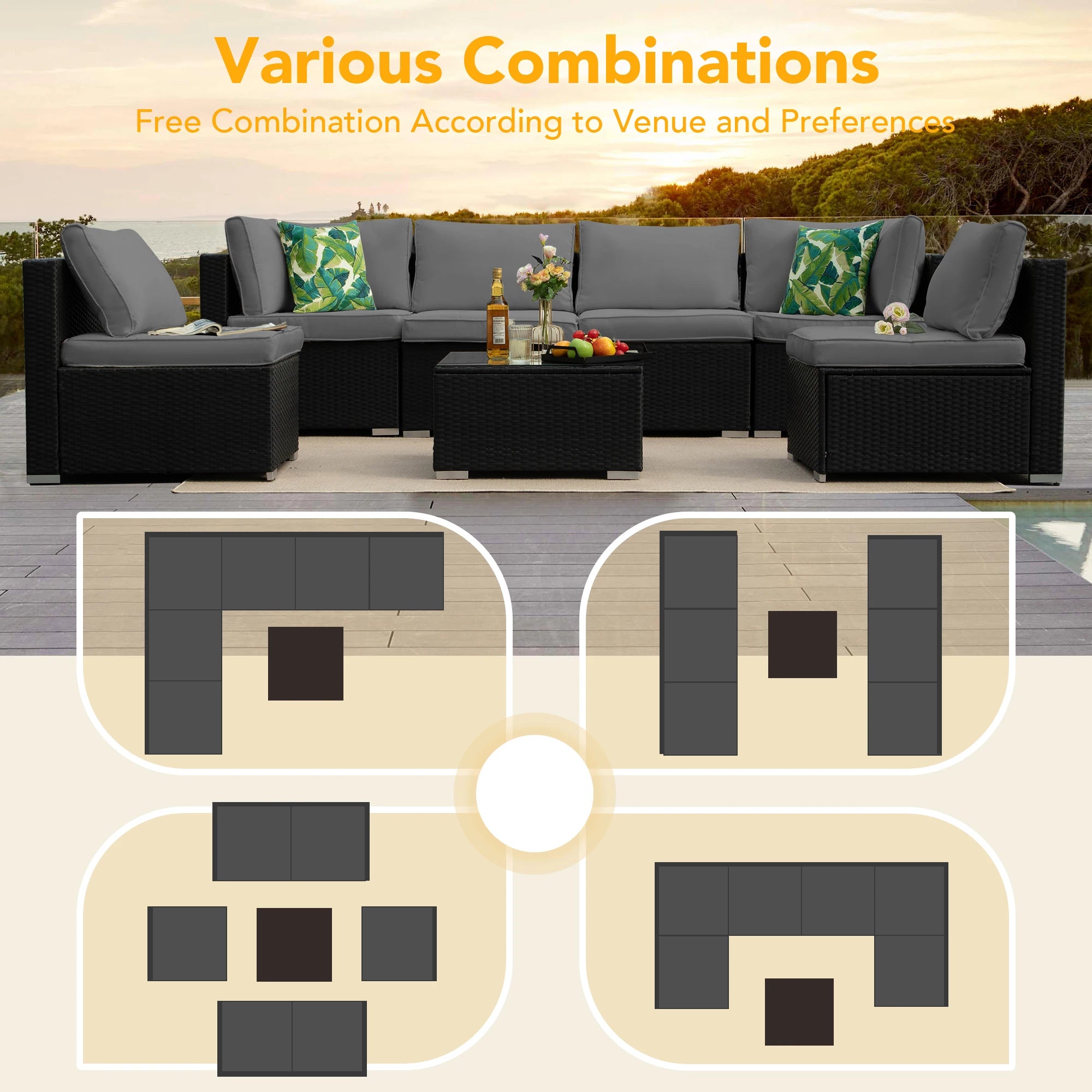 Outdoor Patio Furniture, 8 Piece Sectional Sofa with Thick Cushions, PE Rattan Wicker
