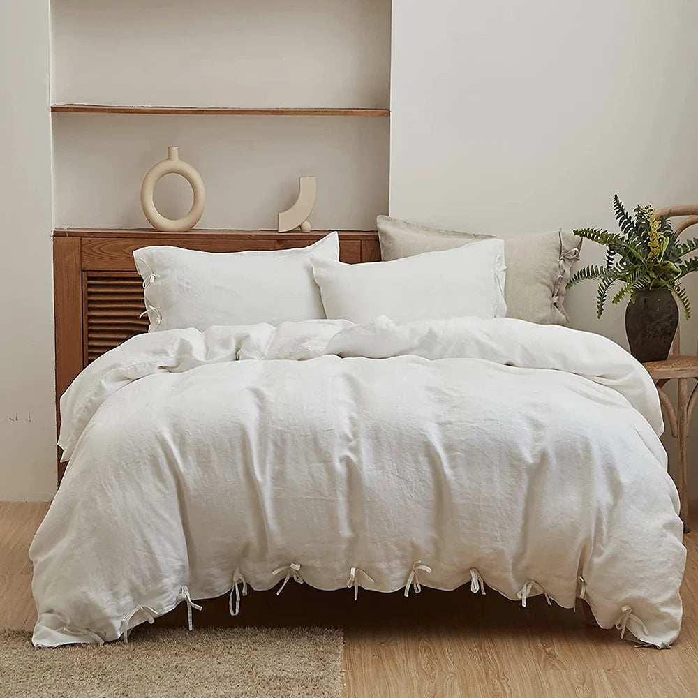 3 Pcs Bedding Set, 100% Linen with Bowknot Ties – French Queen/King