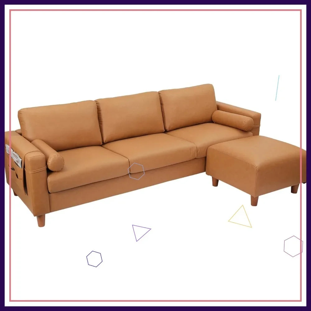 Faux Leather L-Shaped Sectional Sofa with Movable Ottoman