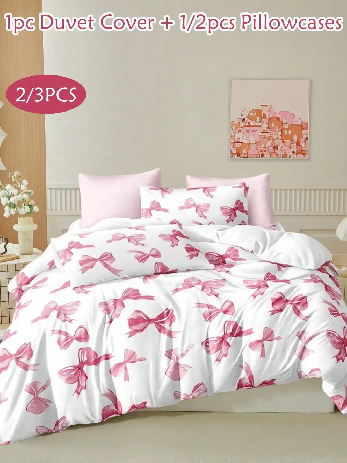 2/3-Piece Pink Bow Pattern Duvet Cover Set