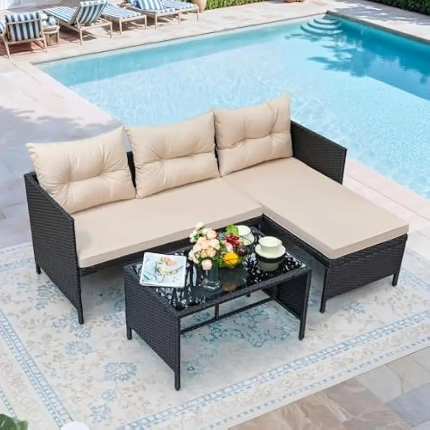 3-Piece Patio Furniture Set – Wicker Rattan Sectional Sofa with Cushions & Coffee Table, Light Beige
