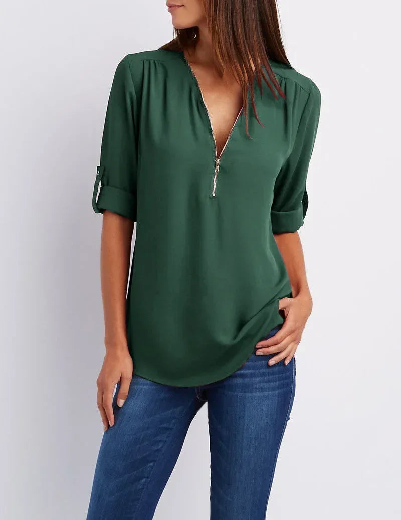 Women’s Loose Casual Deep V-Neck Chiffon Blouse – Zipper Pullover