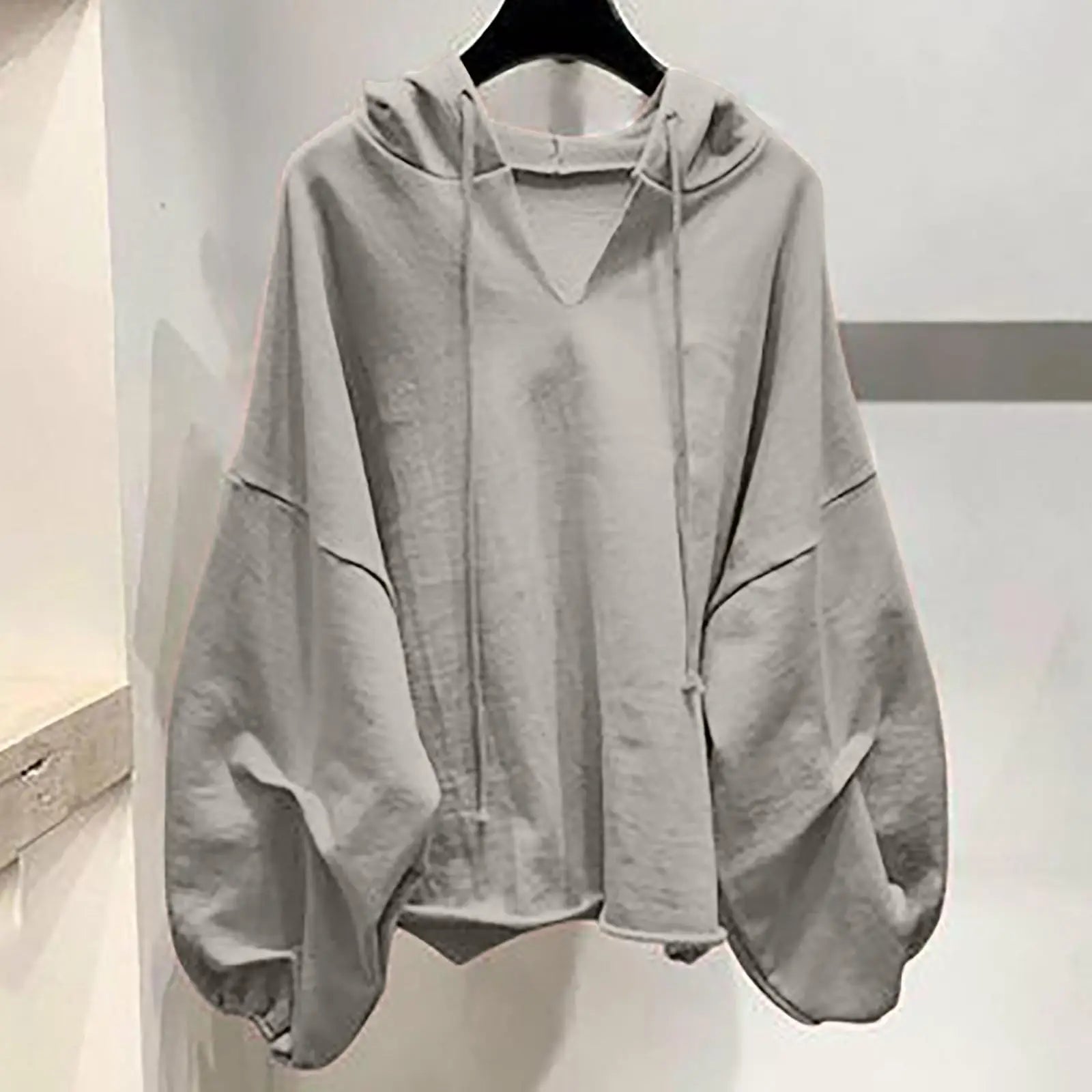 Women’s Casual Solid Color V-Neck Hooded Loose Long Sleeve Sweatshirt