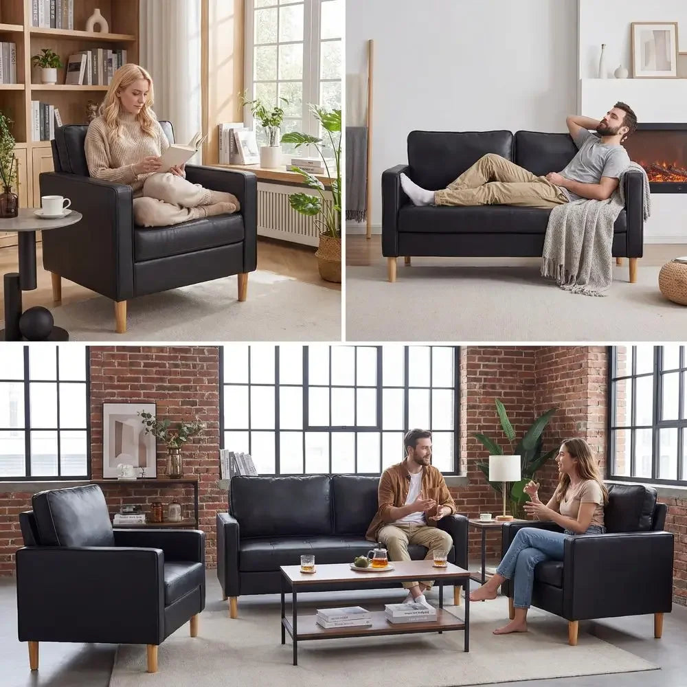 Mid-Century Modern 3-Piece Faux Leather Sectional Sofa Set
