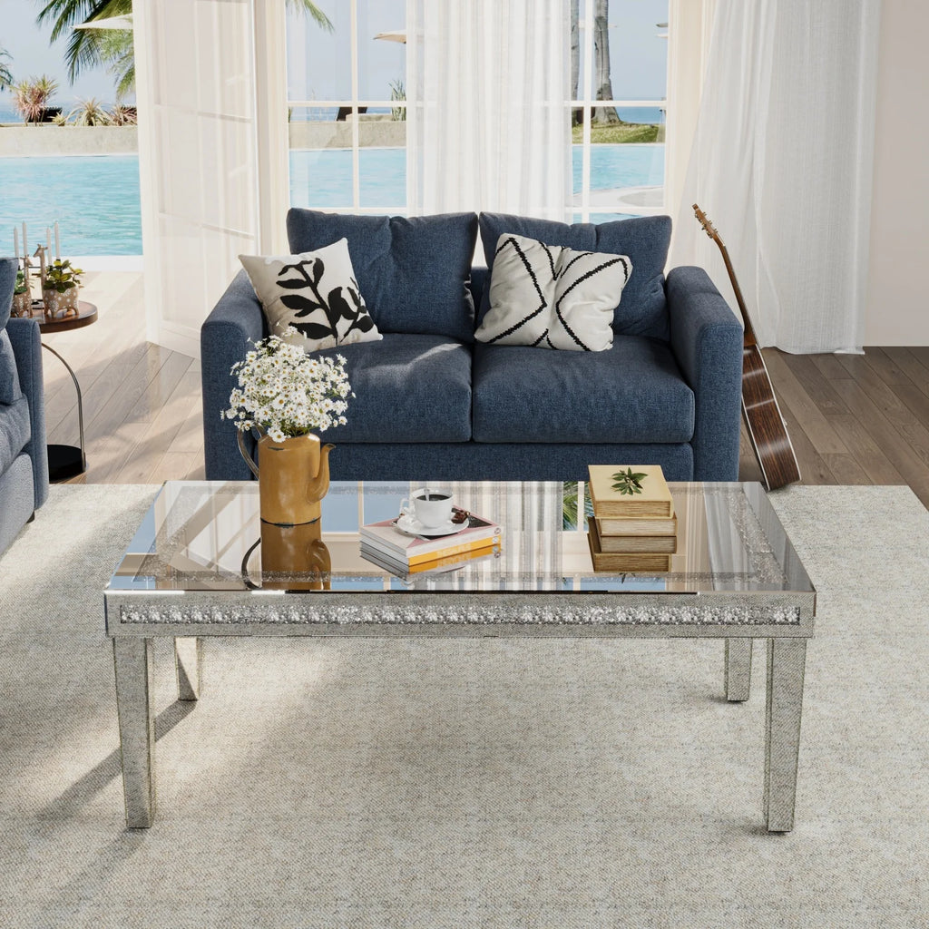Rectangle Mirrored Coffee Table with Crystal Diamond Inlay
