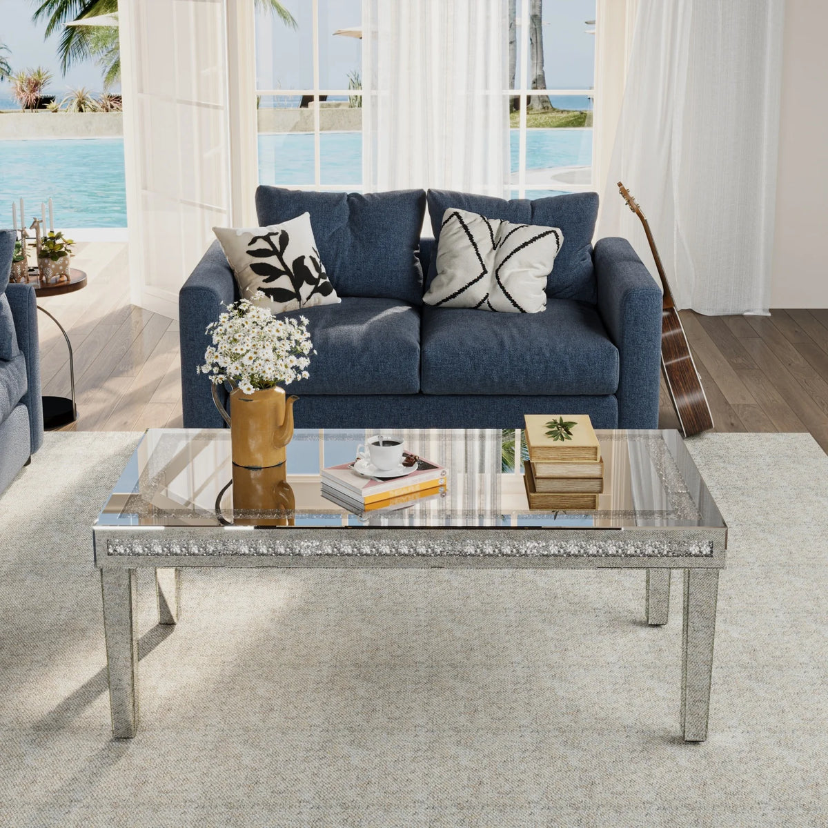 Rectangle Mirrored Coffee Table with Crystal Diamond Inlay