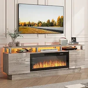 TV Stand with 36" Electric Fireplace, 70" LED Light Entertainment Center, Storage