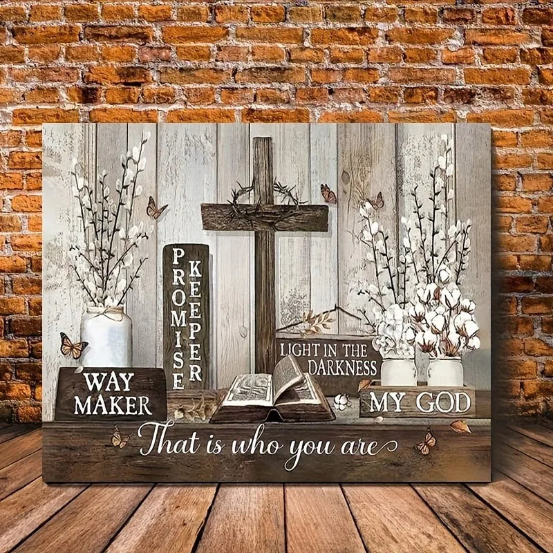 1pc Wooden Framed Farmhouse Cotton Flower Canvas Painting, Inspirational