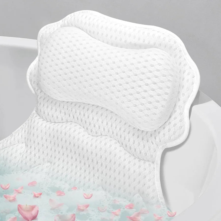Relaxing Bath Pillow, 4D Breathable Air Mesh, Ergonomic Design, Strong Suction Cups