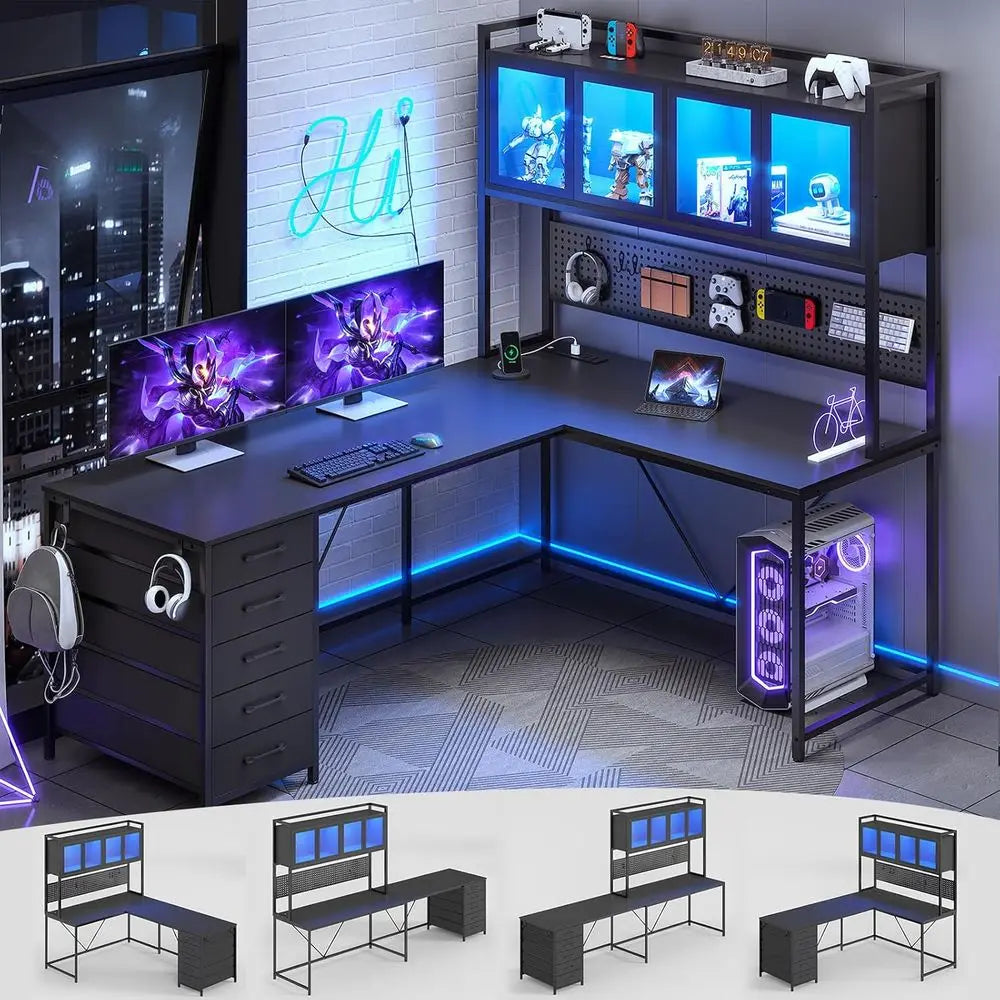L-Shaped Gaming Desk with Hutch, Storage Shelves, Pegboard & LED Lights