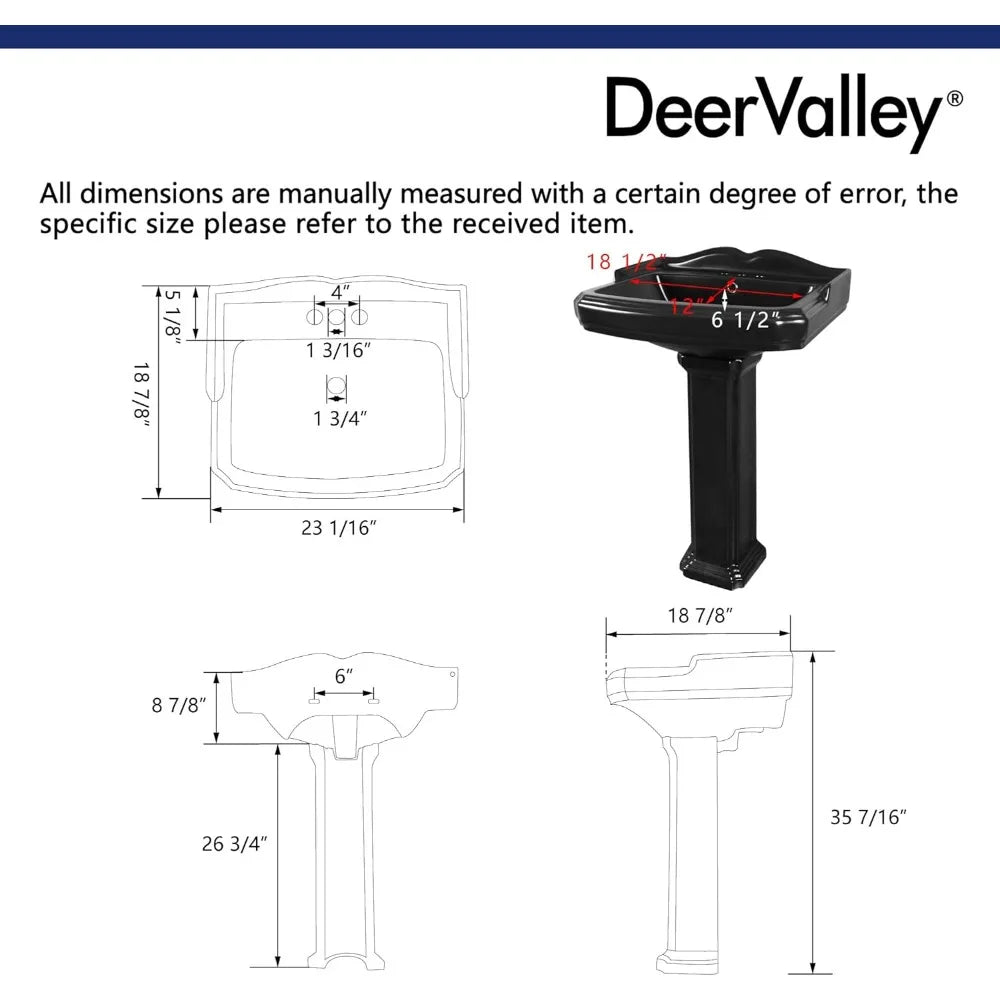 23" x 19" Black Ceramic Pedestal Sink Combo with Overflow Hole & 3 Faucet Holes
