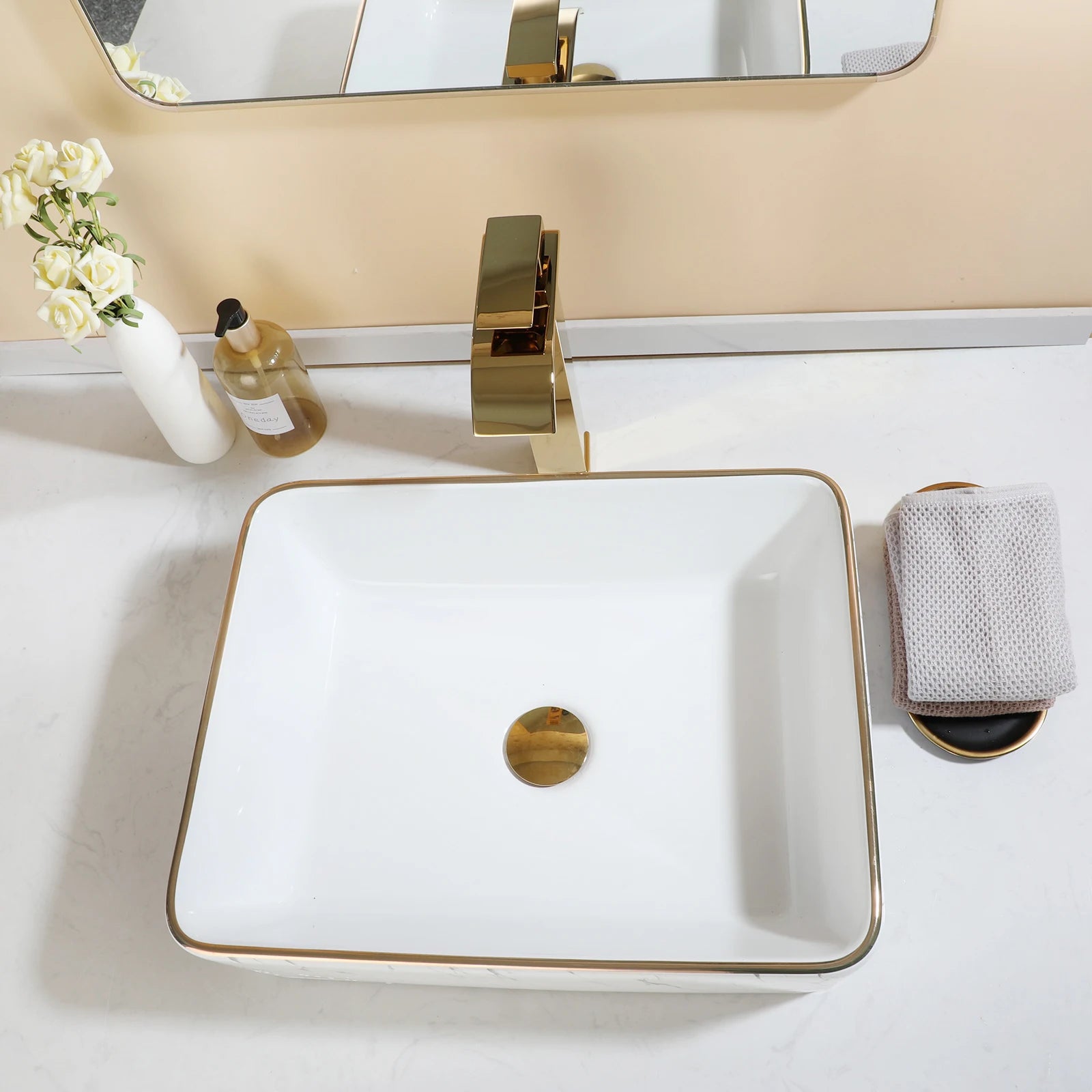 19" Gold Faucet Marbled Ceramic Countertop Sink