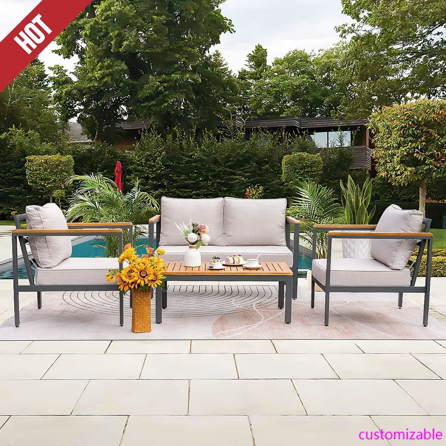 4-Piece Patio Lounge Set with Solid Wood Armrests & Tabletop, Waterproof Cushions – Light Beige