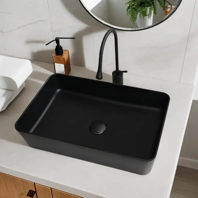 22x14" Black Stone Resin Sink with Faucet and Drain, Rectangle, Above Counter