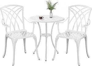 White Cast Aluminum Bistro Set – 3 Piece Outdoor Patio Table & Chairs