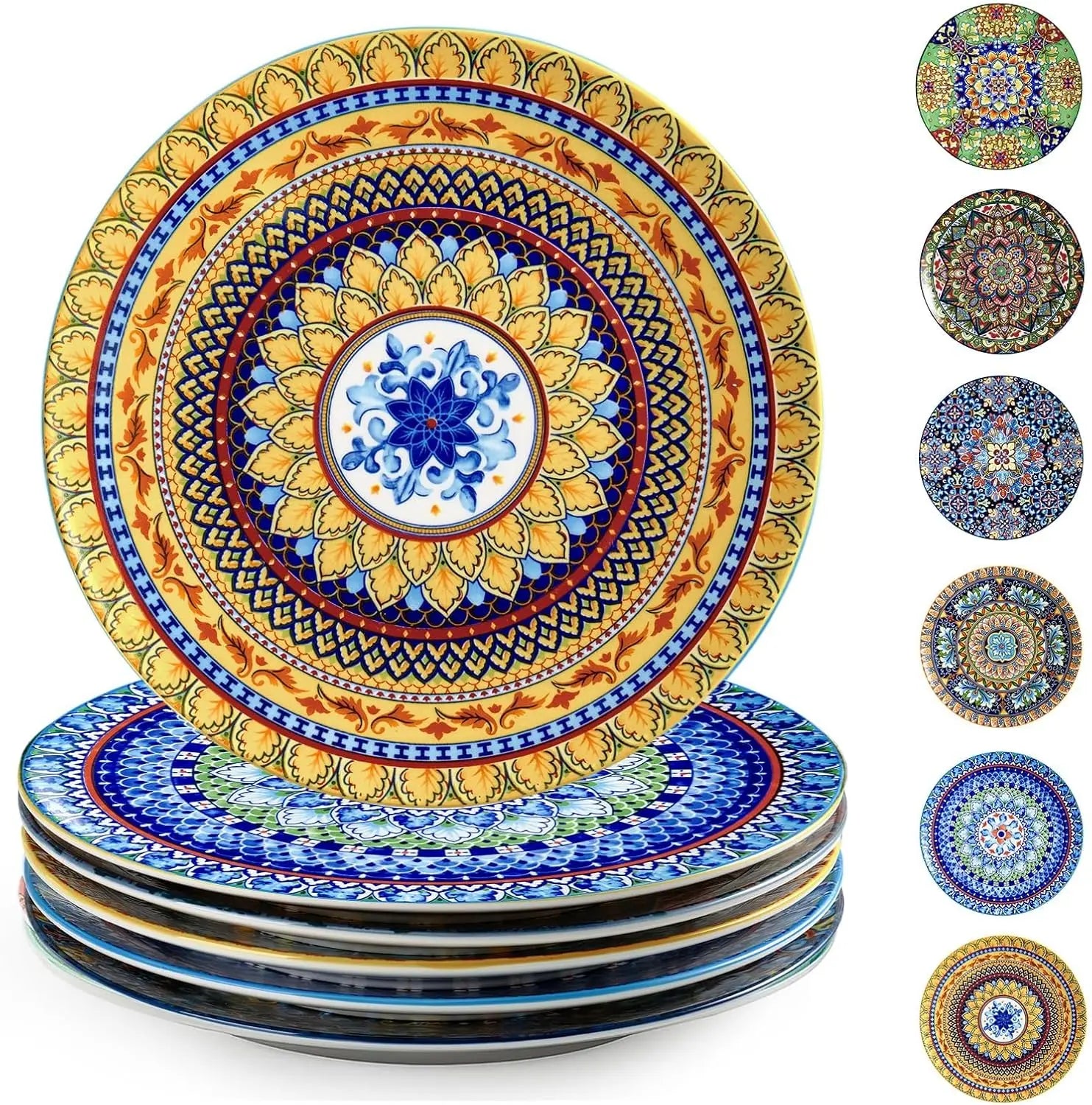 Dinner Plates Set of 6 – 10.5 Inch Ceramic Plates, Colorful Bohemian Style