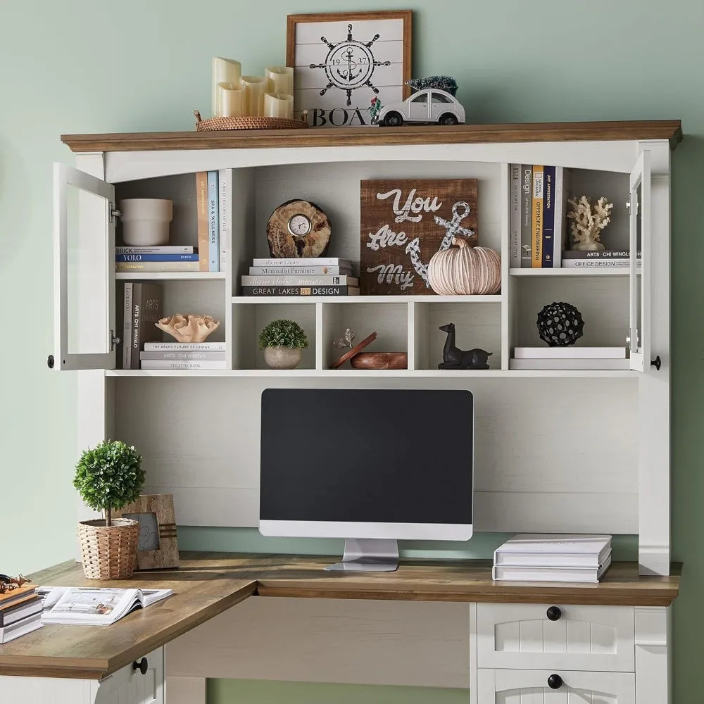 60" L Shaped Executive Desk with Hutch, Drawers & Charging Station